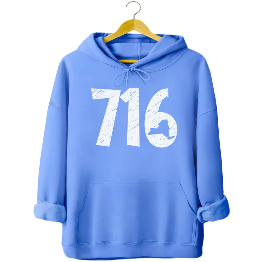 Buffalo 716 sweatshirt in light blue, distressed white area code numbers with New York shape cutout, casual local pride hoodie.