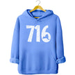 Buffalo 716 sweatshirt in light blue, distressed white area code numbers with New York shape cutout, casual local pride hoodie.
