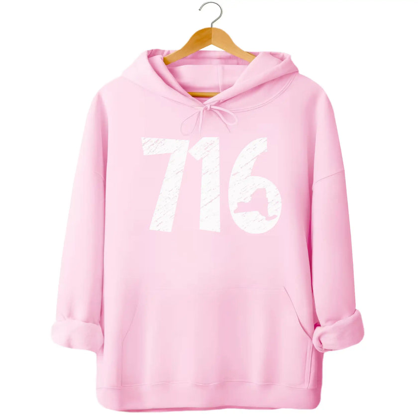 716 Buffalo hoodie in light pink, distressed white area code design with NY state cutout, soft casual local pride sweatshirt.