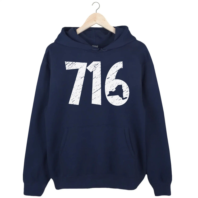 716 Buffalo hoodie in navy, distressed white numbers with New York state cutout design, classic local pride sweatshirt.