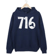 716 Buffalo hoodie in navy, distressed white numbers with New York state cutout design, classic local pride sweatshirt.