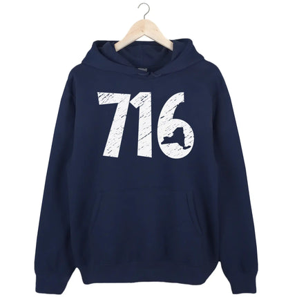 716 Buffalo hoodie in navy, distressed white numbers with New York state cutout design, classic local pride sweatshirt.