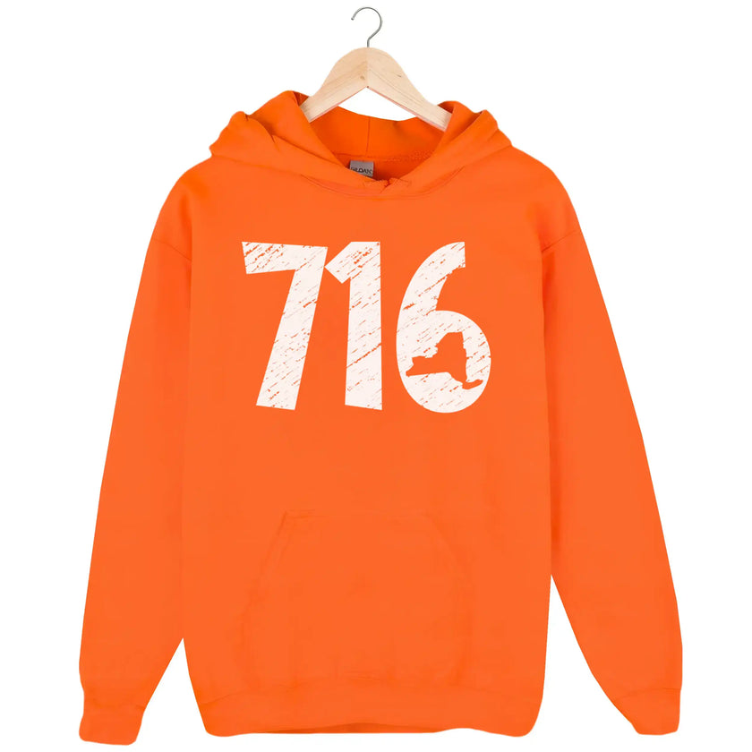 716 Buffalo hoodie in orange, distressed white numbers with NY state cutout detail, bold local graphic sweatshirt.