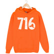 716 Buffalo hoodie in orange, distressed white numbers with NY state cutout detail, bold local graphic sweatshirt.