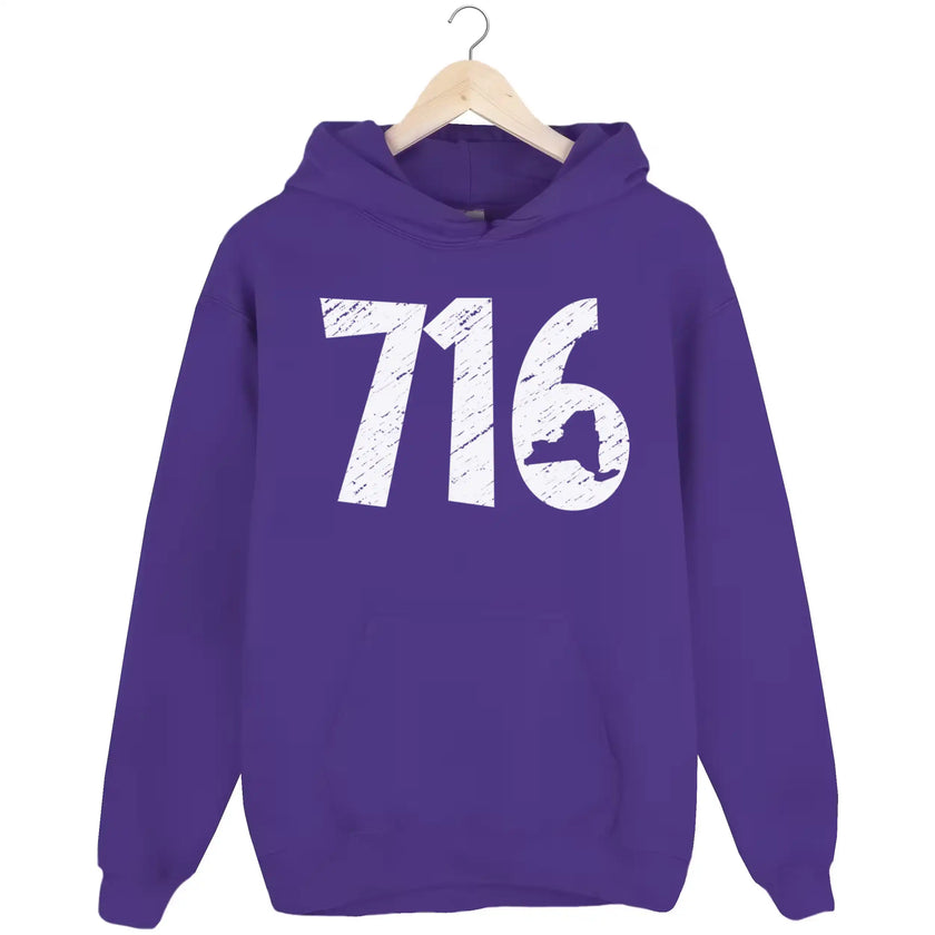 Buffalo NY hoodie in purple, distressed 716 numbers with New York state cutout detail, warm graphic sweatshirt for locals.