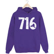 Buffalo NY hoodie in purple, distressed 716 numbers with New York state cutout detail, warm graphic sweatshirt for locals.