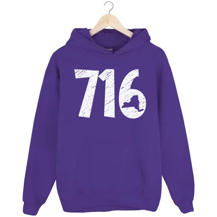 Buffalo NY hoodie in purple, distressed 716 numbers with New York state cutout detail, warm graphic sweatshirt for locals.