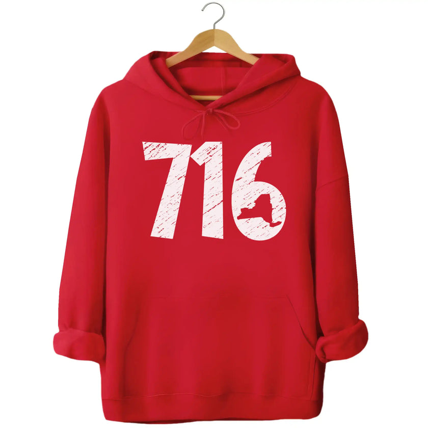 Buffalo NY 716 hoodie in red, distressed white area code numbers with New York state cutout design, cozy local pride sweatshirt.