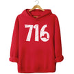 Buffalo NY 716 hoodie in red, distressed white area code numbers with New York state cutout design, cozy local pride sweatshirt.