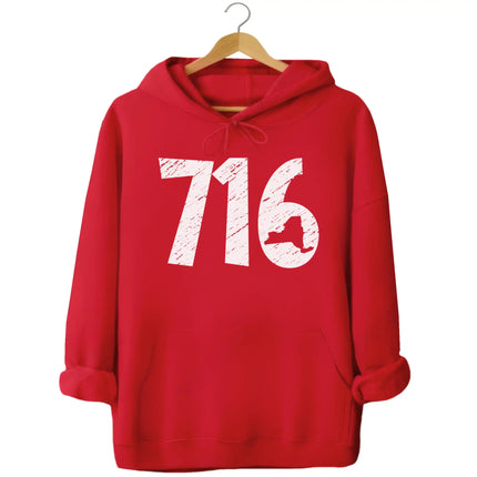 Buffalo NY 716 hoodie in red, distressed white area code numbers with New York state cutout design, cozy local pride sweatshirt.