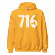 Buffalo 716 graphic hoodie in yellow, distressed white area code design with New York shape cutout, warm casual sweatshirt.