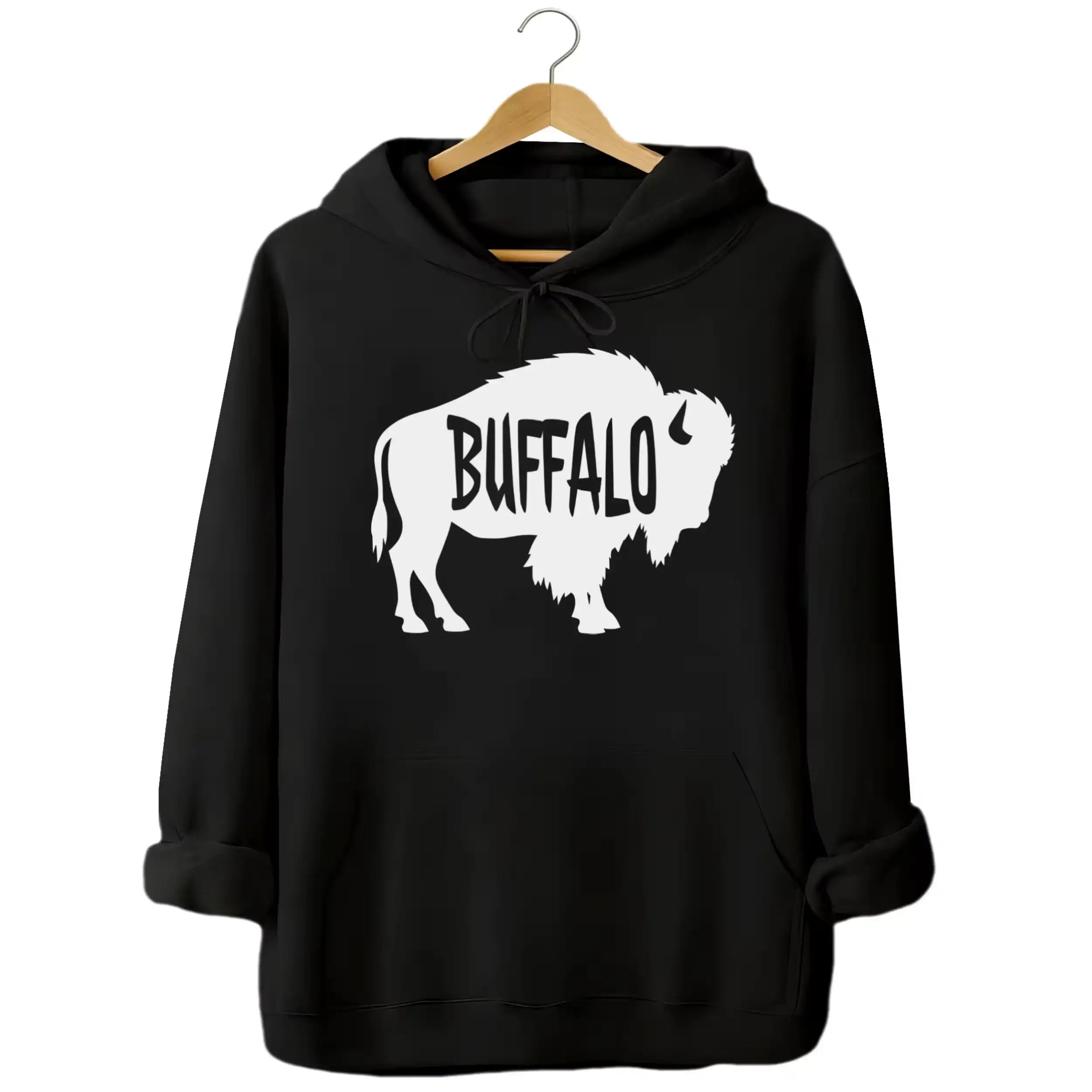 Buffalo silhouette hoodie in black, white buffalo shape with cutout Buffalo lettering, minimalist local pride sweatshirt.
