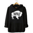 Buffalo silhouette hoodie in black, white buffalo shape with cutout Buffalo lettering, minimalist local pride sweatshirt.
