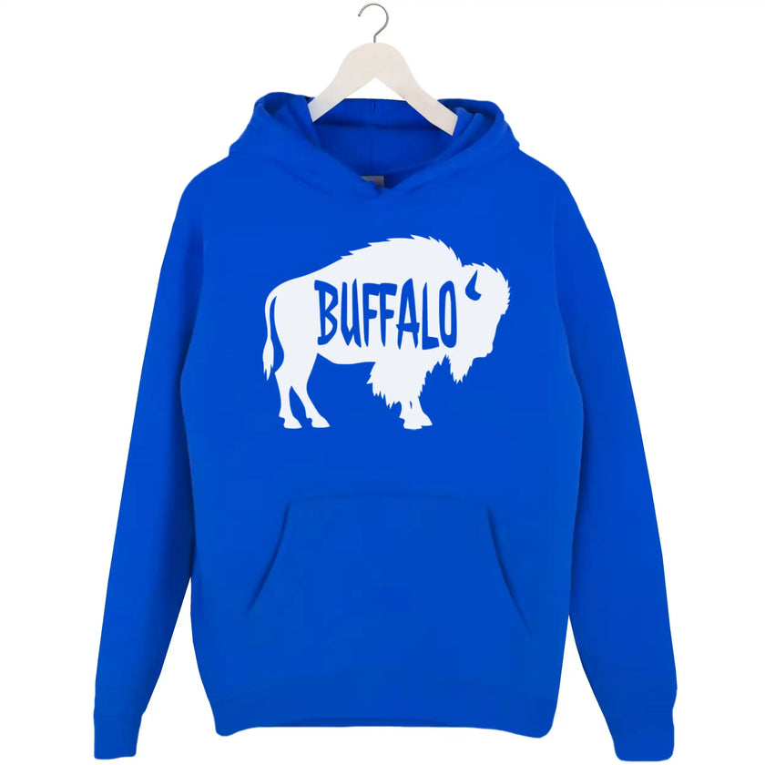 Buffalo NY hoodie in blue, large white buffalo silhouette with cutout text, clean modern graphic sweatshirt.