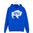 Buffalo NY hoodie in blue, large white buffalo silhouette with cutout text, clean modern graphic sweatshirt.