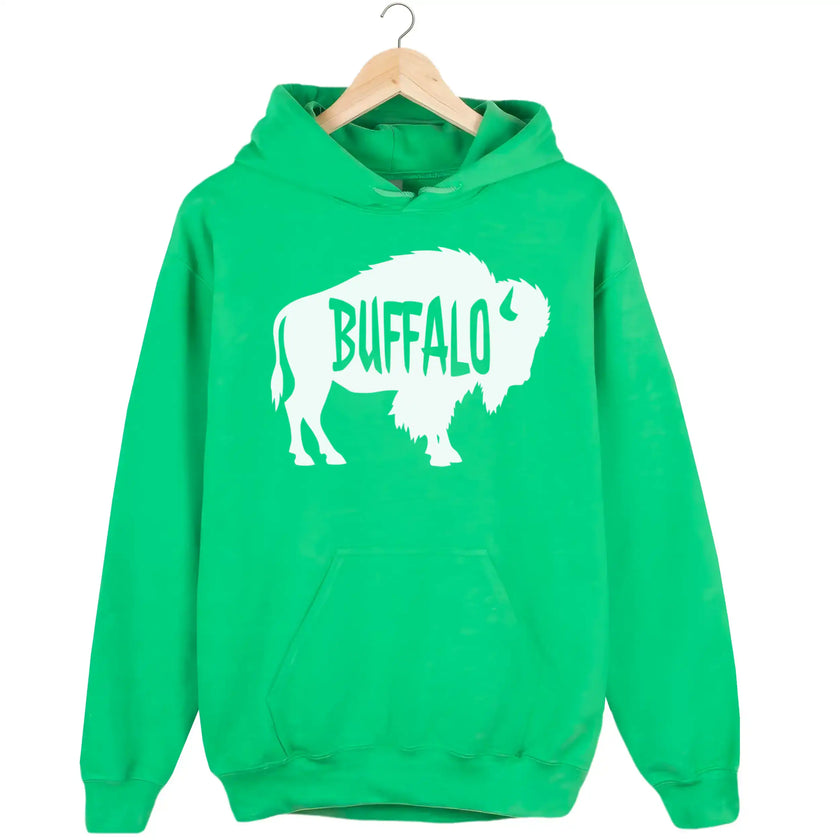 Buffalo silhouette sweatshirt in green, white buffalo shape with Buffalo text cutout design, simple local pride hoodie