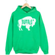 Buffalo silhouette sweatshirt in green, white buffalo shape with Buffalo text cutout design, simple local pride hoodie