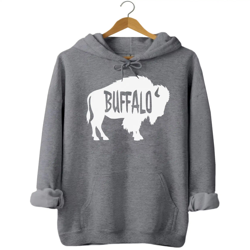 Buffalo graphic sweatshirt in grey, white buffalo silhouette with cutout Buffalo text design, simple modern hoodie.
