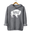 Buffalo graphic sweatshirt in grey, white buffalo silhouette with cutout Buffalo text design, simple modern hoodie.
