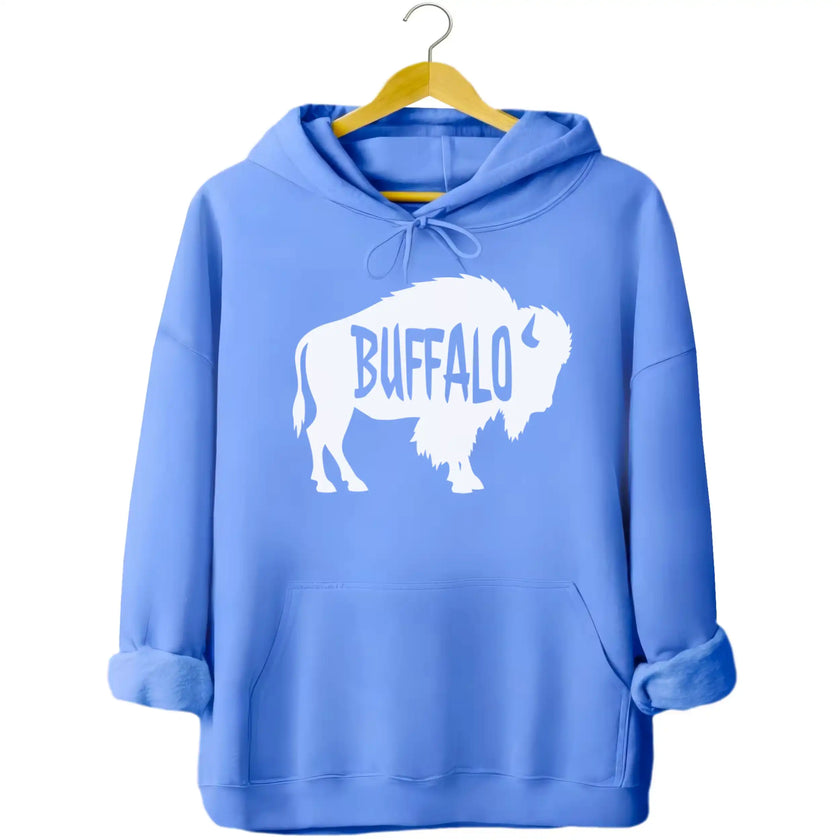 Buffalo silhouette hoodie in light blue, white buffalo shape with cutout Buffalo lettering, minimalist casual sweatshirt.