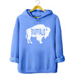 Buffalo silhouette hoodie in light blue, white buffalo shape with cutout Buffalo lettering, minimalist casual sweatshirt.