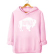 Buffalo silhouette sweatshirt in light pink, white buffalo shape with cutout Buffalo text design, clean casual hoodie.