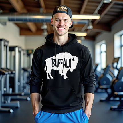Male model wearing black Buffalo silhouette hoodie, white buffalo shape with cutout Buffalo text design, clean minimalist local pride look.