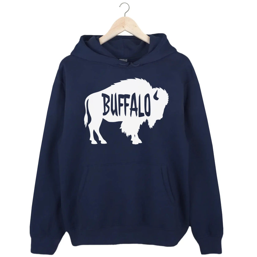 Buffalo silhouette hoodie in navy, bold white buffalo shape with Buffalo text cutout, clean everyday sweatshirt.