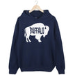 Buffalo silhouette hoodie in navy, bold white buffalo shape with Buffalo text cutout, clean everyday sweatshirt.