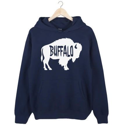 Buffalo silhouette hoodie in navy, bold white buffalo shape with Buffalo text cutout, clean everyday sweatshirt.
