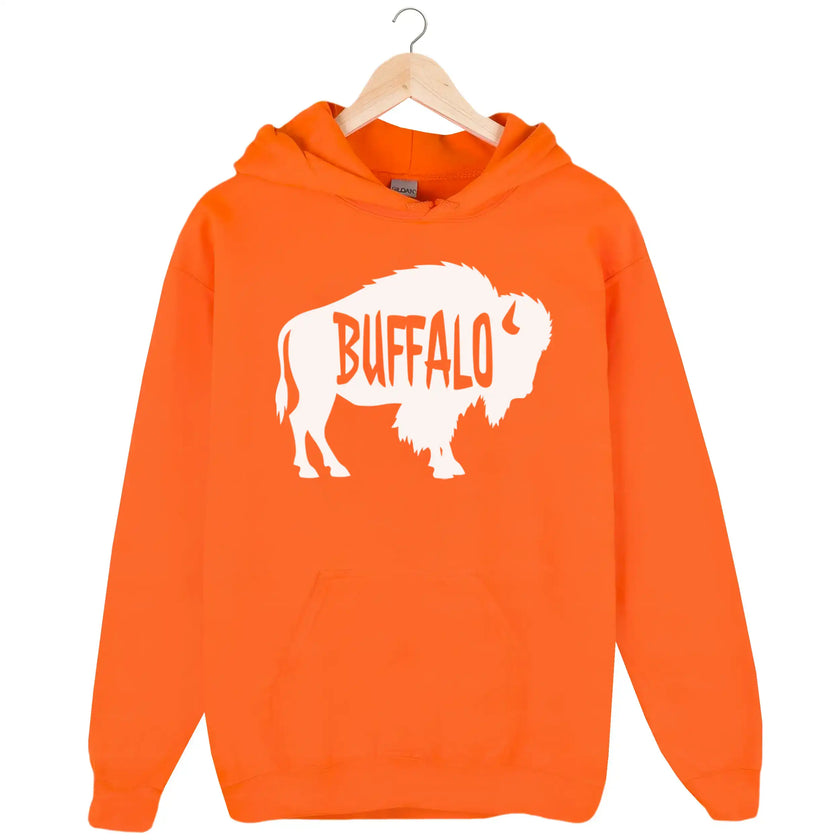 Buffalo NY hoodie in orange, white buffalo silhouette with Buffalo text cutout, clean modern graphic sweatshirt.