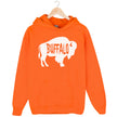 Buffalo NY hoodie in orange, white buffalo silhouette with Buffalo text cutout, clean modern graphic sweatshirt.