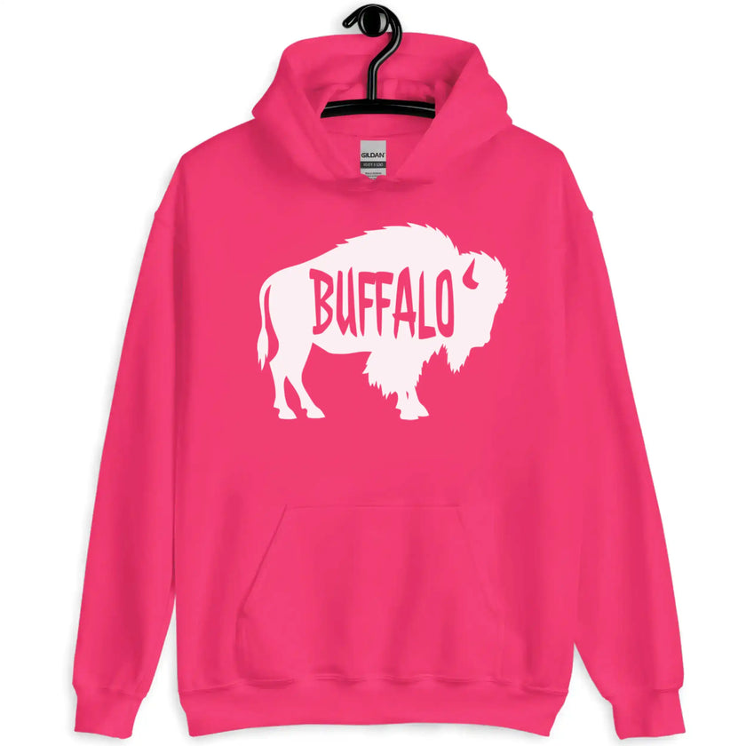 Buffalo graphic hoodie in hot pink, white buffalo silhouette with Buffalo text cutout, bold modern local pride sweatshirt.