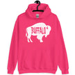 Buffalo graphic hoodie in hot pink, white buffalo silhouette with Buffalo text cutout, bold modern local pride sweatshirt.