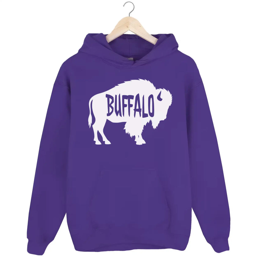 Buffalo NY hoodie in purple, white buffalo silhouette with cutout lettering, minimalist graphic sweatshirt.