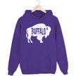 Buffalo NY hoodie in purple, white buffalo silhouette with cutout lettering, minimalist graphic sweatshirt.