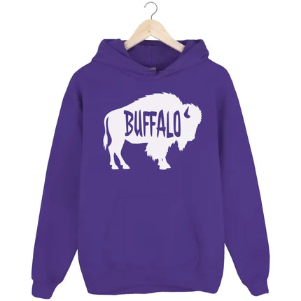 Buffalo NY hoodie in purple, white buffalo silhouette with cutout lettering, minimalist graphic sweatshirt.