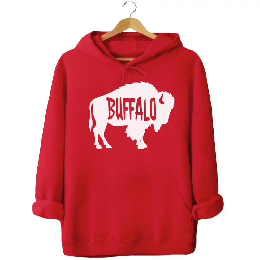Buffalo silhouette hoodie in red, large white buffalo shape with cutout Buffalo text design, minimalist local pride sweatshirt.