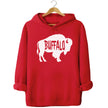 Buffalo silhouette hoodie in red, large white buffalo shape with cutout Buffalo text design, minimalist local pride sweatshirt.