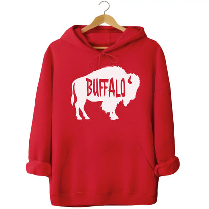 Buffalo silhouette hoodie in red, large white buffalo shape with cutout Buffalo text design, minimalist local pride sweatshirt.
