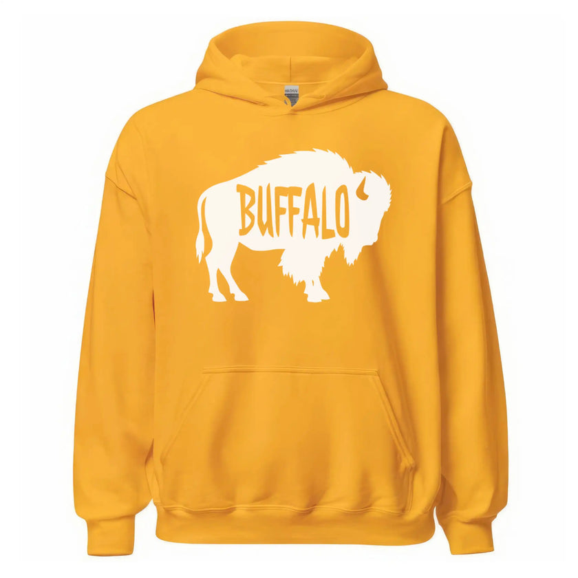 Buffalo graphic hoodie in yellow, bold white buffalo silhouette with cutout lettering, minimalist casual sweatshirt.