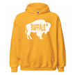 Buffalo graphic hoodie in yellow, bold white buffalo silhouette with cutout lettering, minimalist casual sweatshirt.