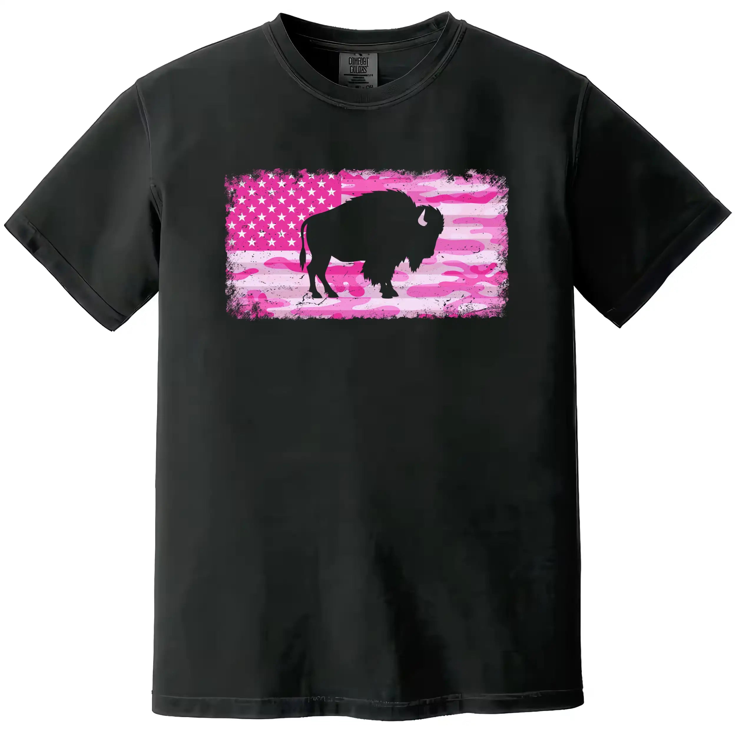 Pink camo Buffalo graphic tee in black, distressed American flag with buffalo cutout design, standout patriotic shirt.