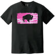 Pink camo Buffalo graphic tee in black, distressed American flag with buffalo cutout design, standout patriotic shirt.