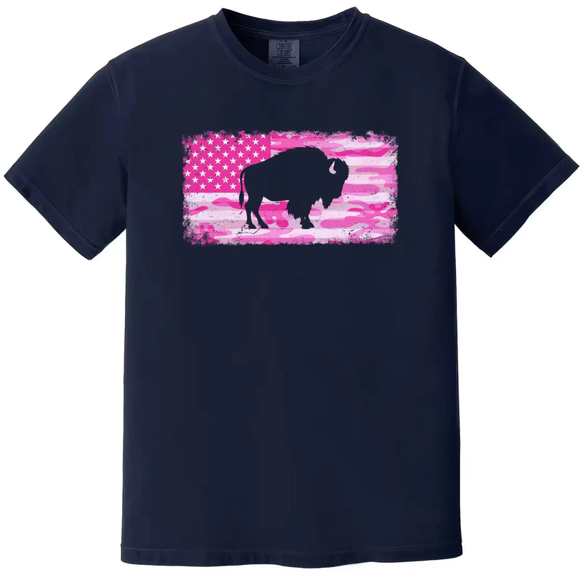 Buffalo pink camo flag t-shirt in navy, distressed American flag with buffalo silhouette cutout, bold patriotic graphic tee.