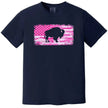 Buffalo pink camo flag t-shirt in navy, distressed American flag with buffalo silhouette cutout, bold patriotic graphic tee.