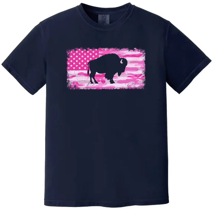 Buffalo pink camo flag t-shirt in navy, distressed American flag with buffalo silhouette cutout, bold patriotic graphic tee.