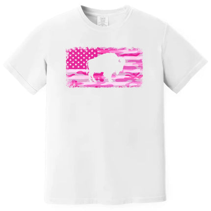 Buffalo American flag shirt in white, pink camouflage flag with distressed edges and buffalo silhouette cutout design.