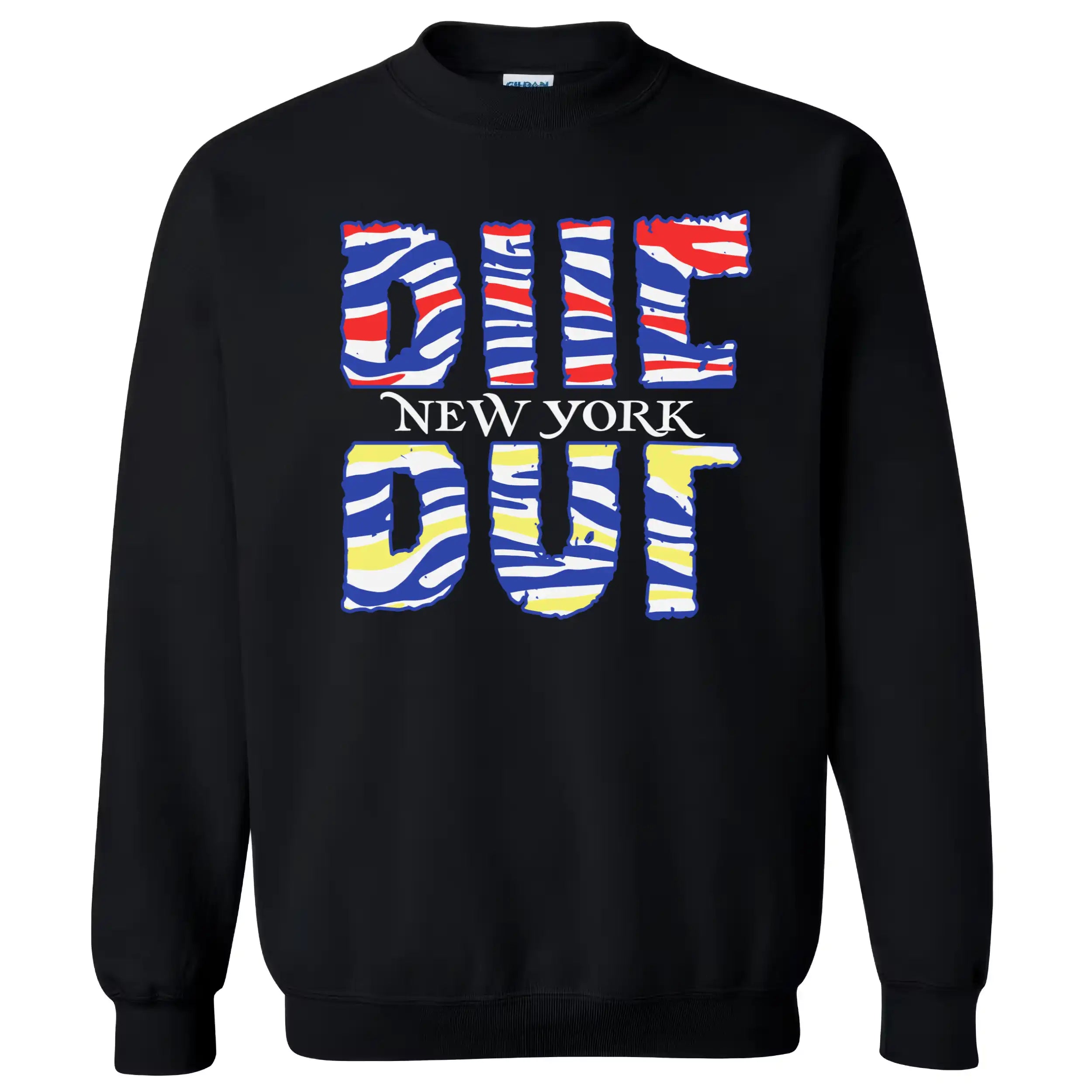 BUF Buffalo sweatshirt with split football color stripes and hockey colors, bold streetwear vibe, for Buffalo football and hockey fans on game day