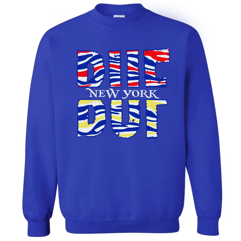 Blue BUF Buffalo sweatshirt with dual-color buffalo football stripes and hockey team colors, bold streetwear vibe, for Buffalo football and hockey fans on game day